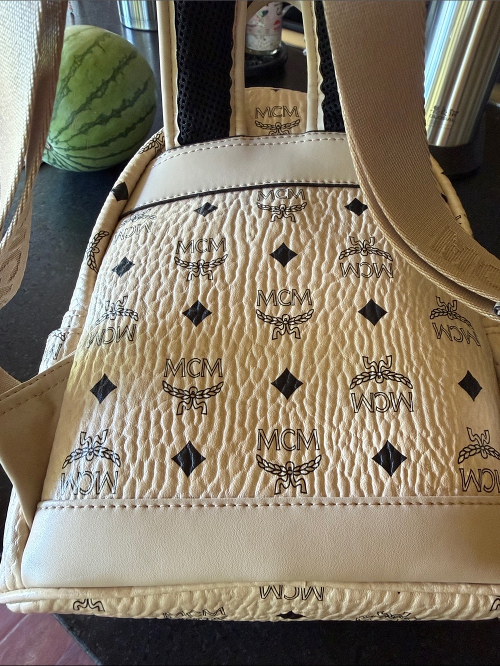 MCM Pink Logo Mini Backpack with Black Print - Picture 5 of 6